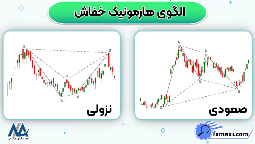 الگوی خفاش هارمونیک نزولی و صعودی به همراه نسبت های فیبوناچی این الگو